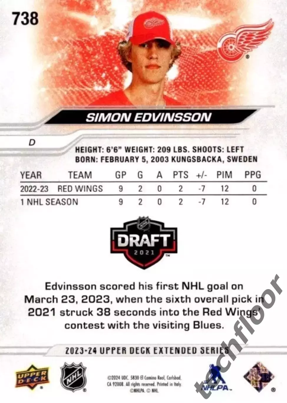 Карточка NHL Simon Edvinsson Detroit Red Wings/Симон Эдвинссон Детройт НХЛ 1