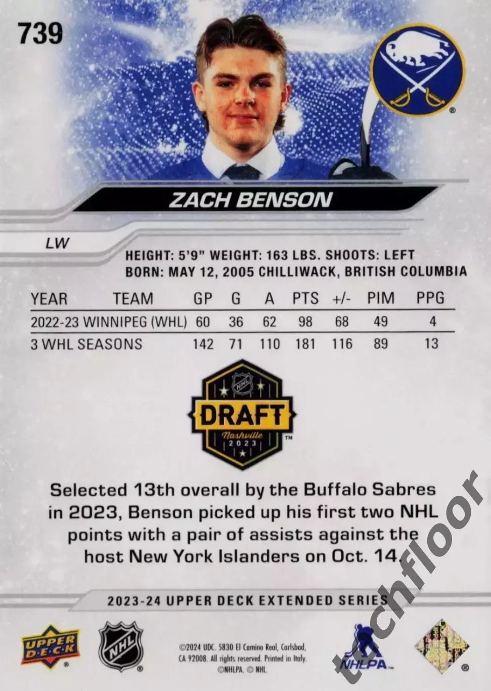 Карточка NHL Zack Benson Buffalo Sabres/Зак Бенсон Баффало НХЛ 1