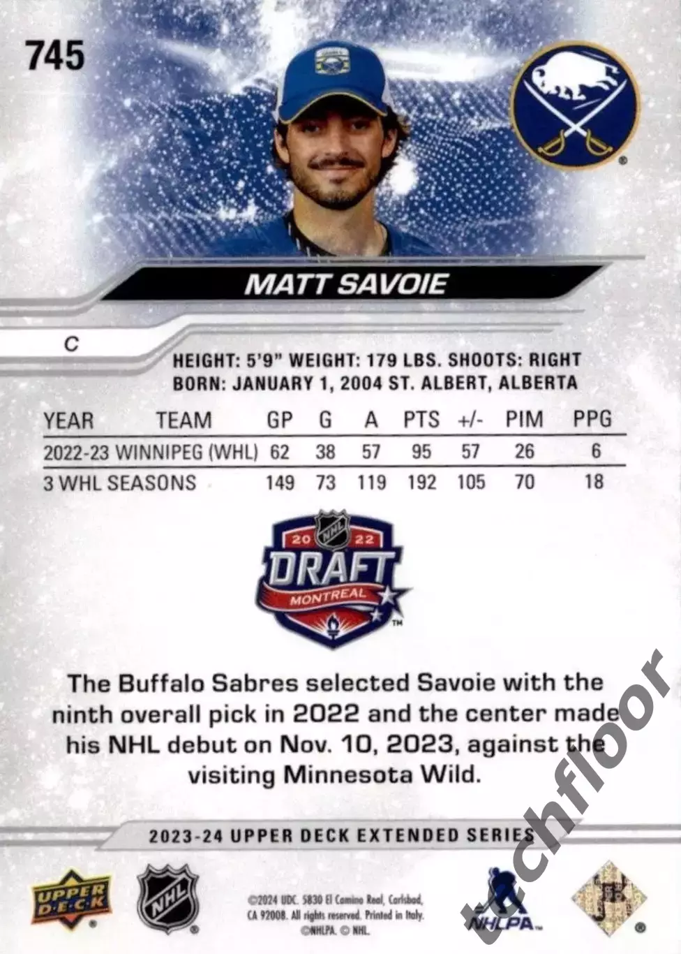 Карточка NHL Matt Savoie Buffalo Sabres/Мэтт Савой Баффало НХЛ 1