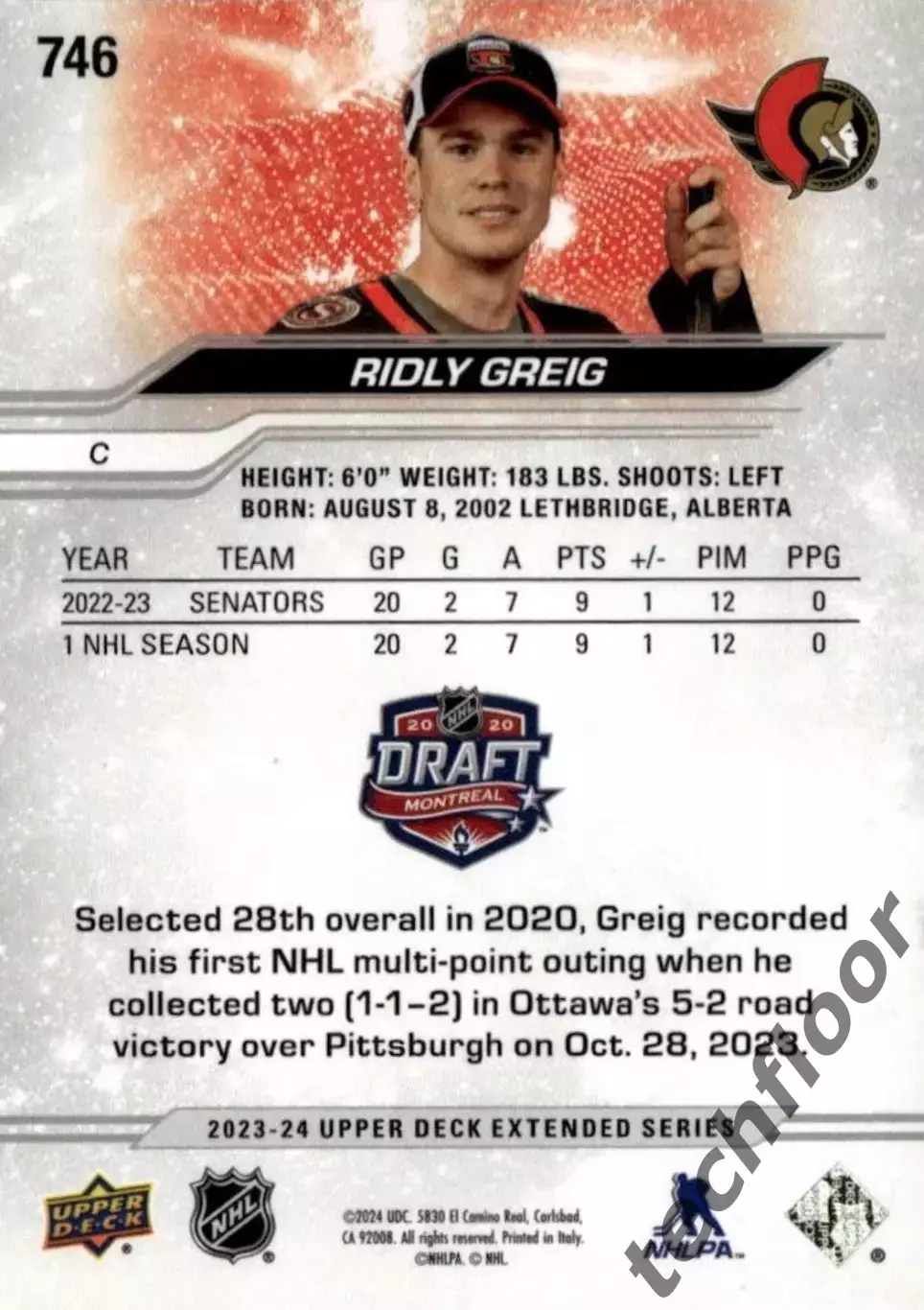 Карточка NHL Ridly Greig Ottawa Senators/Ридли Грейг Оттава НХЛ 1