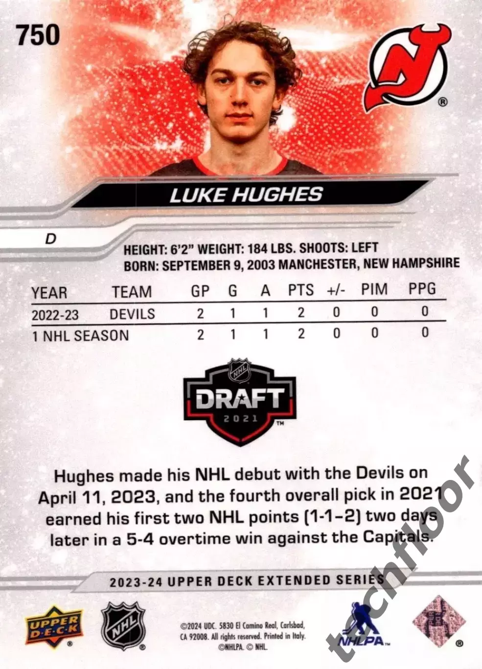 Карточка NHL Luke Hughes New Jersey Devils/Люк Хьюз Нью-Джерси НХЛ 1