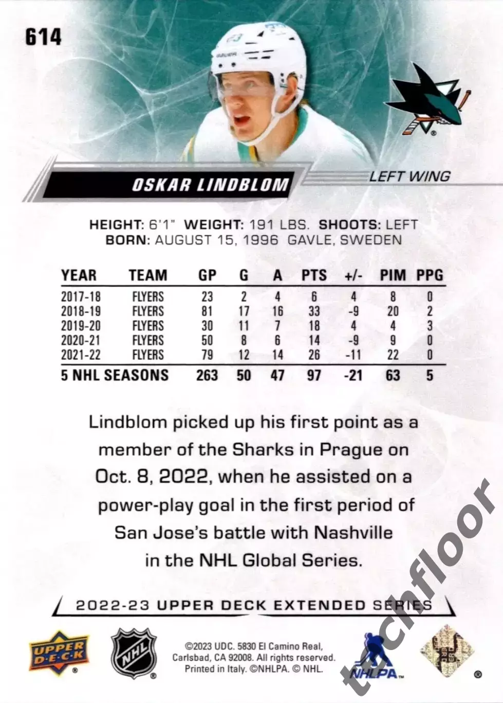 Карточка NHL Oskar Lindblom San Jose Sharks/Оскар Линдблум Сан-Хосе Шаркс НХЛ 1