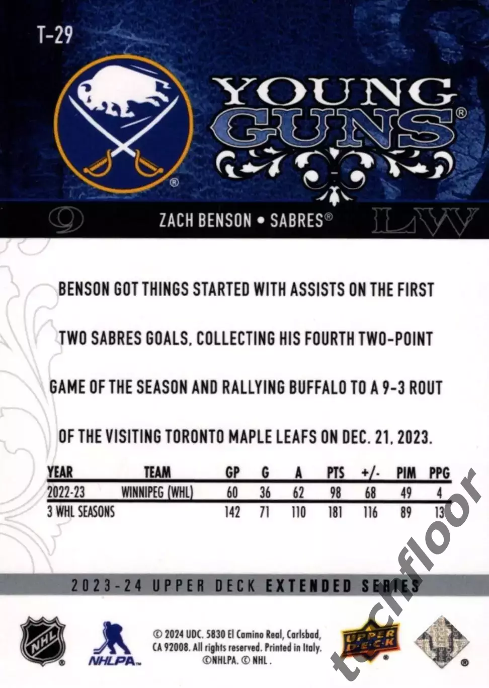 Карточка NHL Zack Benson Buffalo Sabres/ Зак Бенсон Баффало НХЛ 1