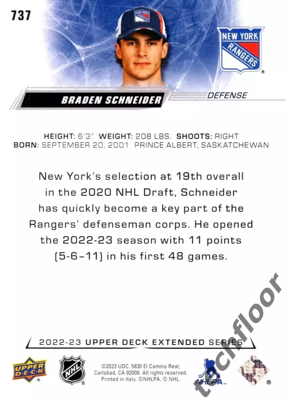 Карточка NHL Braden Schneider New York Rangers/Брейден Шнайдер Рейнджерс НХЛ 1