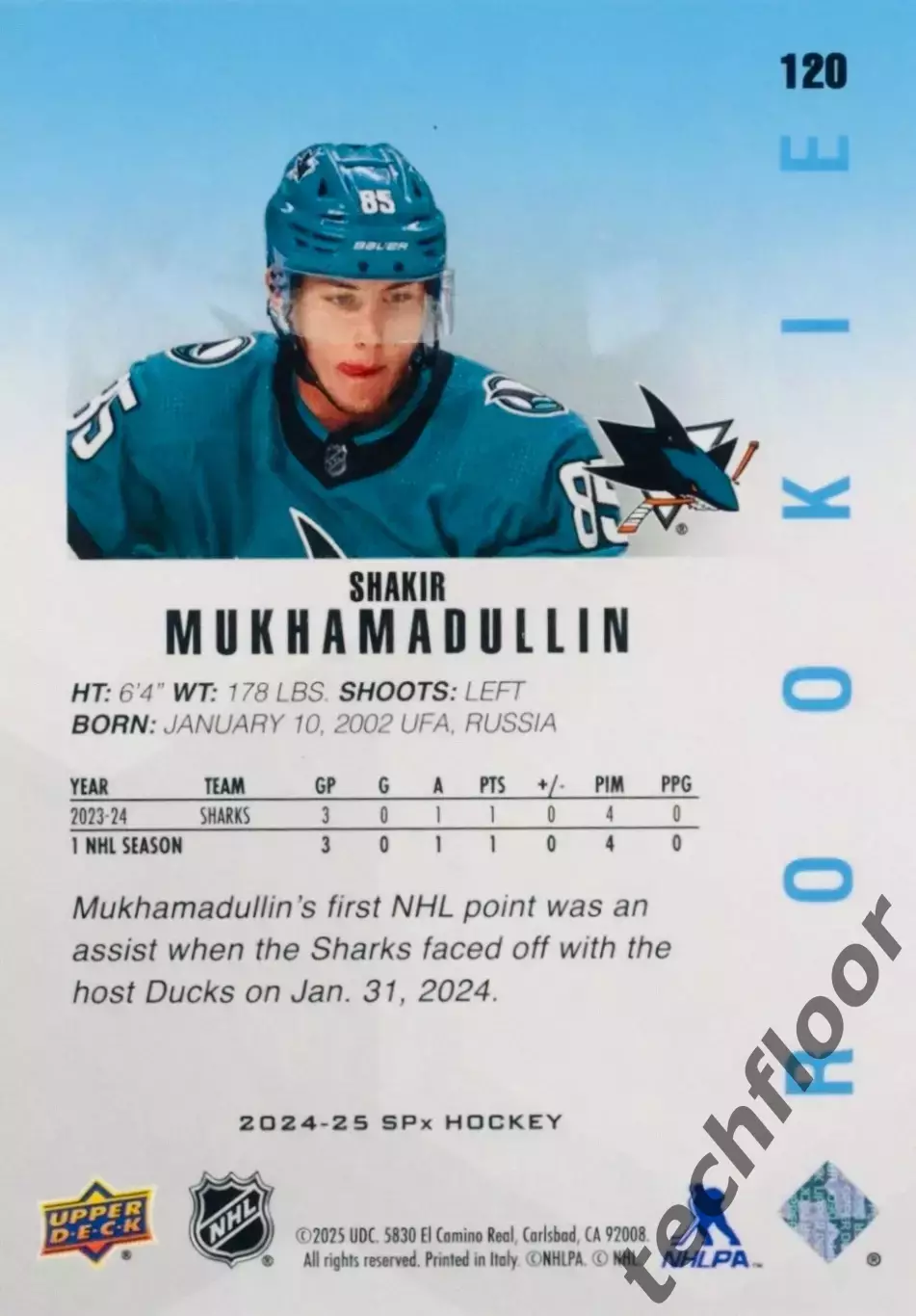 Карточка NHL Shakir Mukhamadullin San Jose Sharks/ Шакир Мухамадуллин Сан-Хосе 1