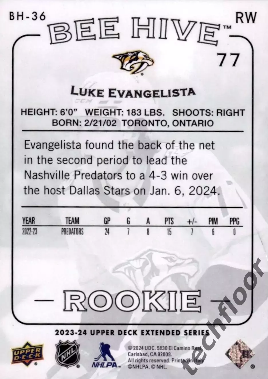 Карточка NHL Luke Evangelista Nashville Predators/ Люк Эвангелиста Нэшвилл НХЛ 1