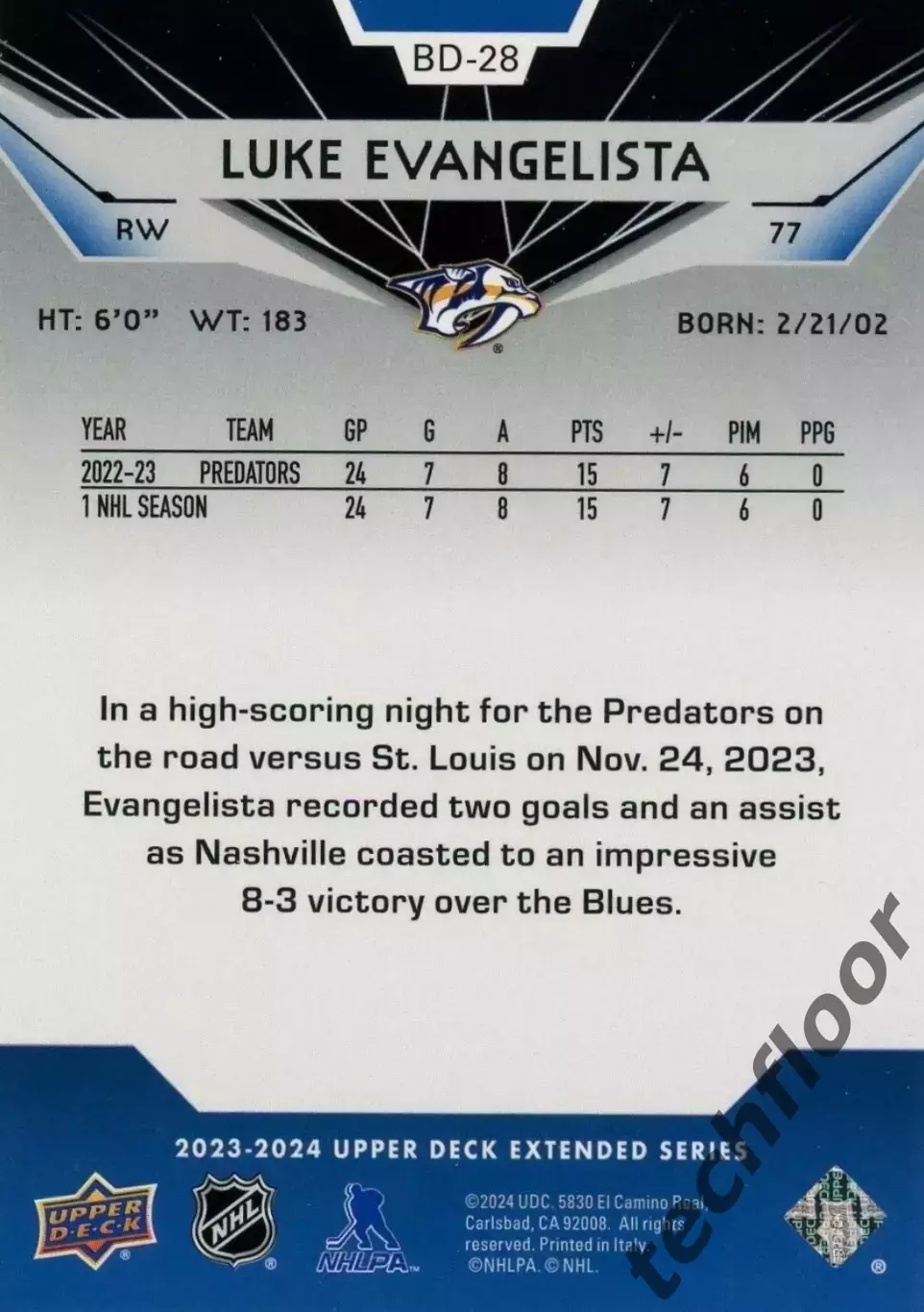 Карточка NHL Luke Evangelista Nashville Predators / Люк Эвангелиста Нэшвилл НХЛ 1