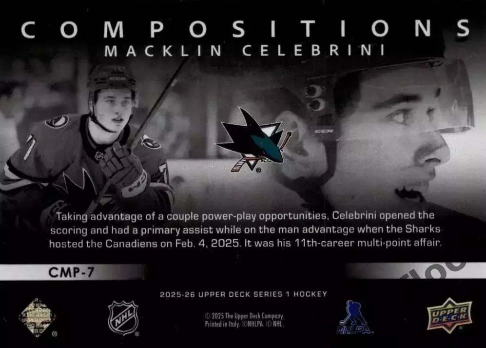 Карточка NHL Macklin Celebrini San Jose Sharks/ Маклин Селебрини Сан-Хосе НХЛ 1