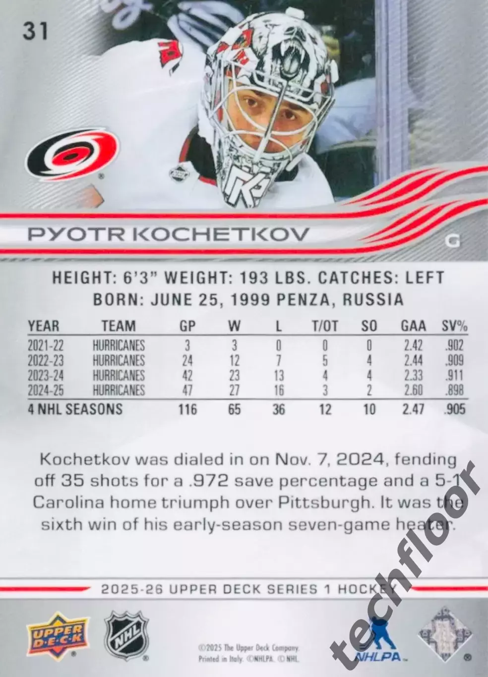 Карточка NHL Pyotr Kochetkov Carolina Hurricanes/Петр Кочетков Каролина НХЛ 1