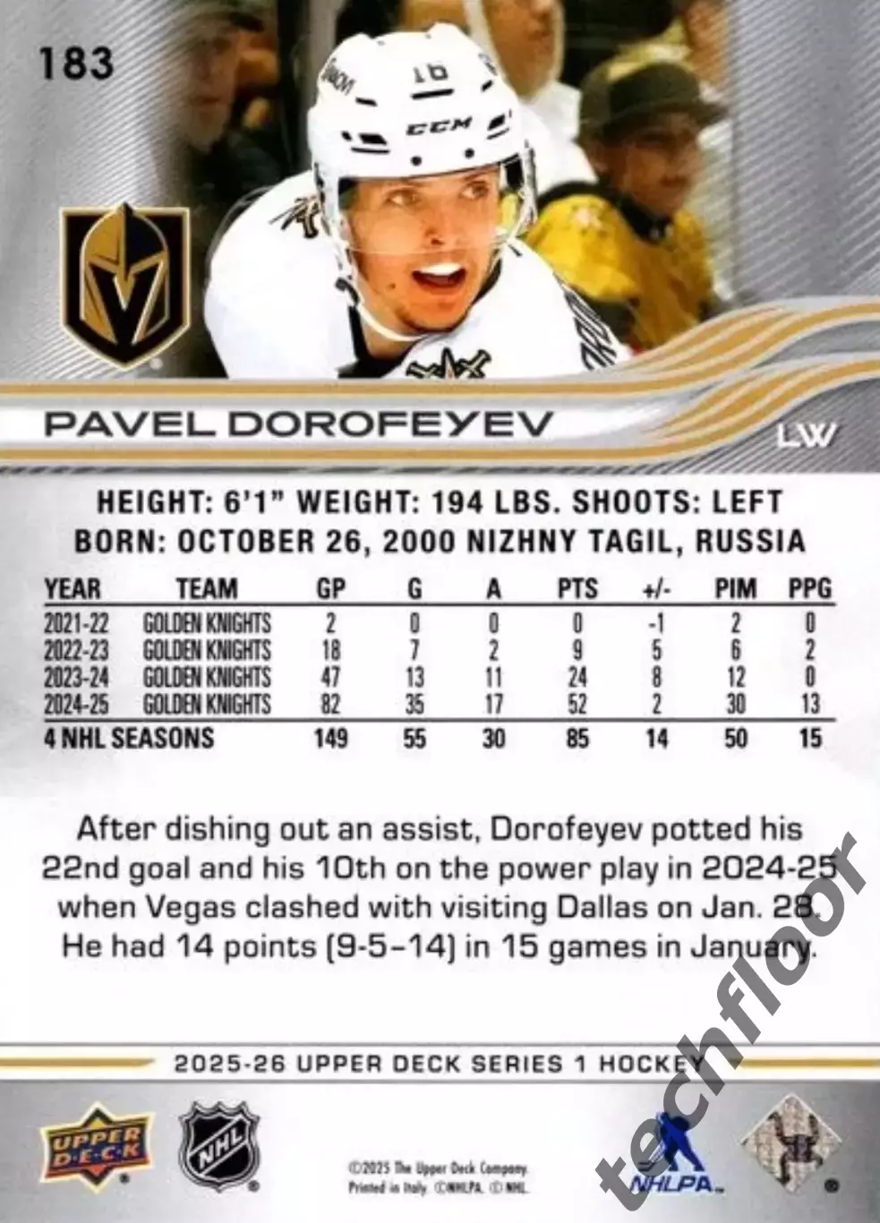 Карточка NHL Pavel Dorofeyev Vegas Golden Knights/Павел Дорофеев Вегас НХЛ 1