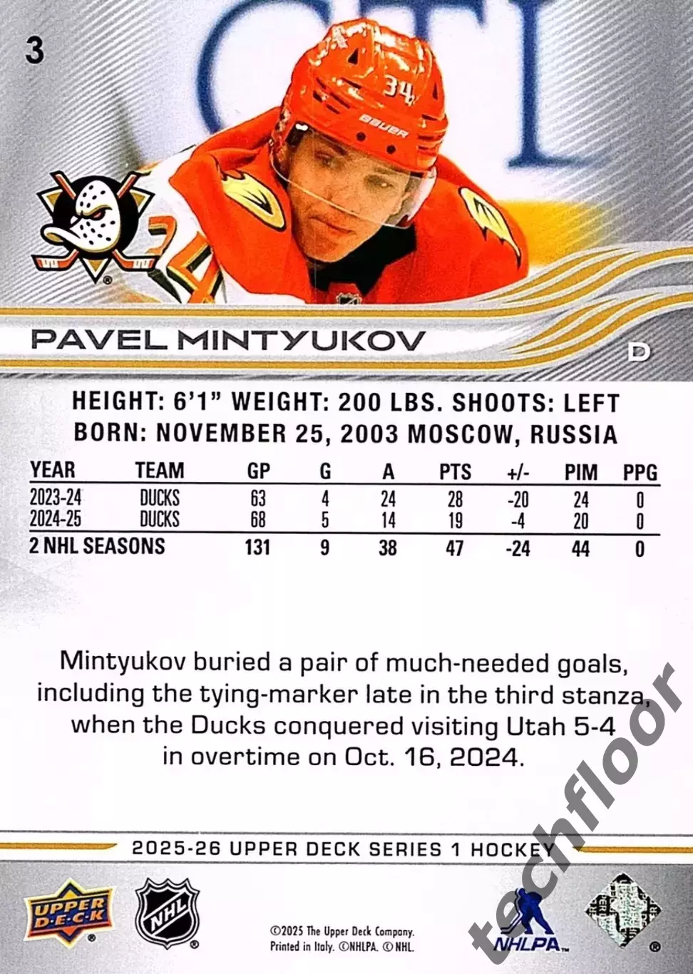 Карточка NHL Pavel Mintyukov Anaheim Ducks/ Павел Минтюков Анахайм НХЛ 1