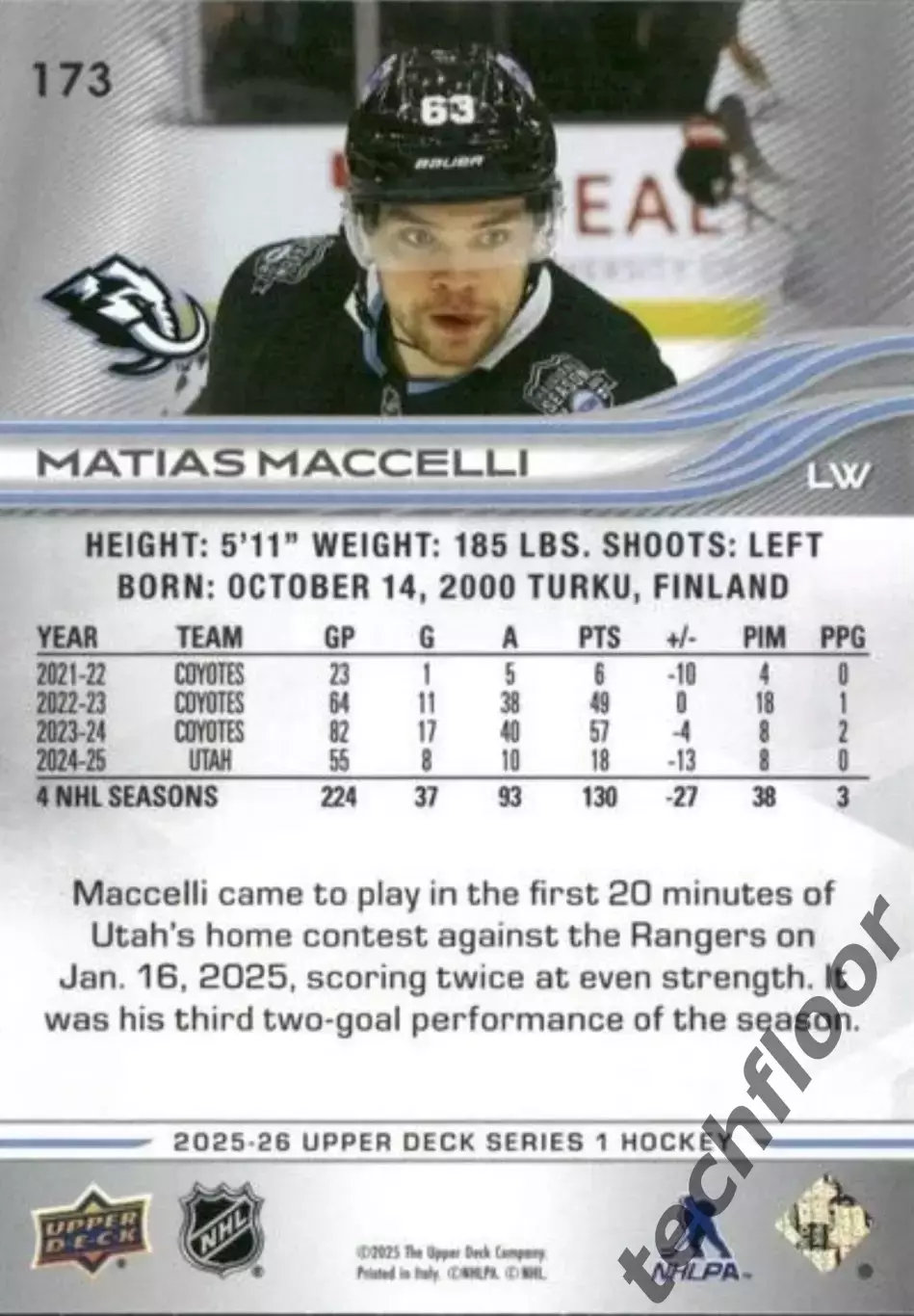 Карточка NHL Matias Maccelli Utah Mammoth/Матиас Маччелли Юта НХЛ 1
