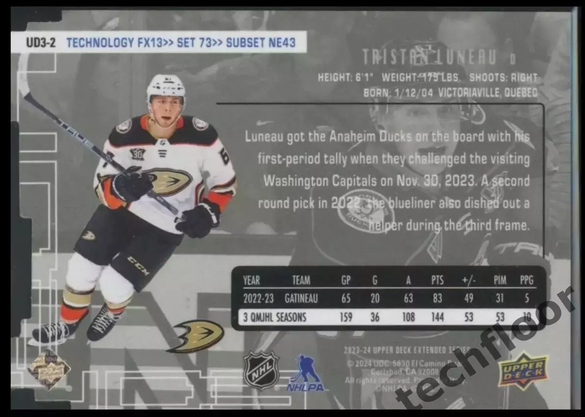 Карточка NHL Tristan Luneau Anaheim Ducks/Тристан Луно Анахайм НХЛ 1
