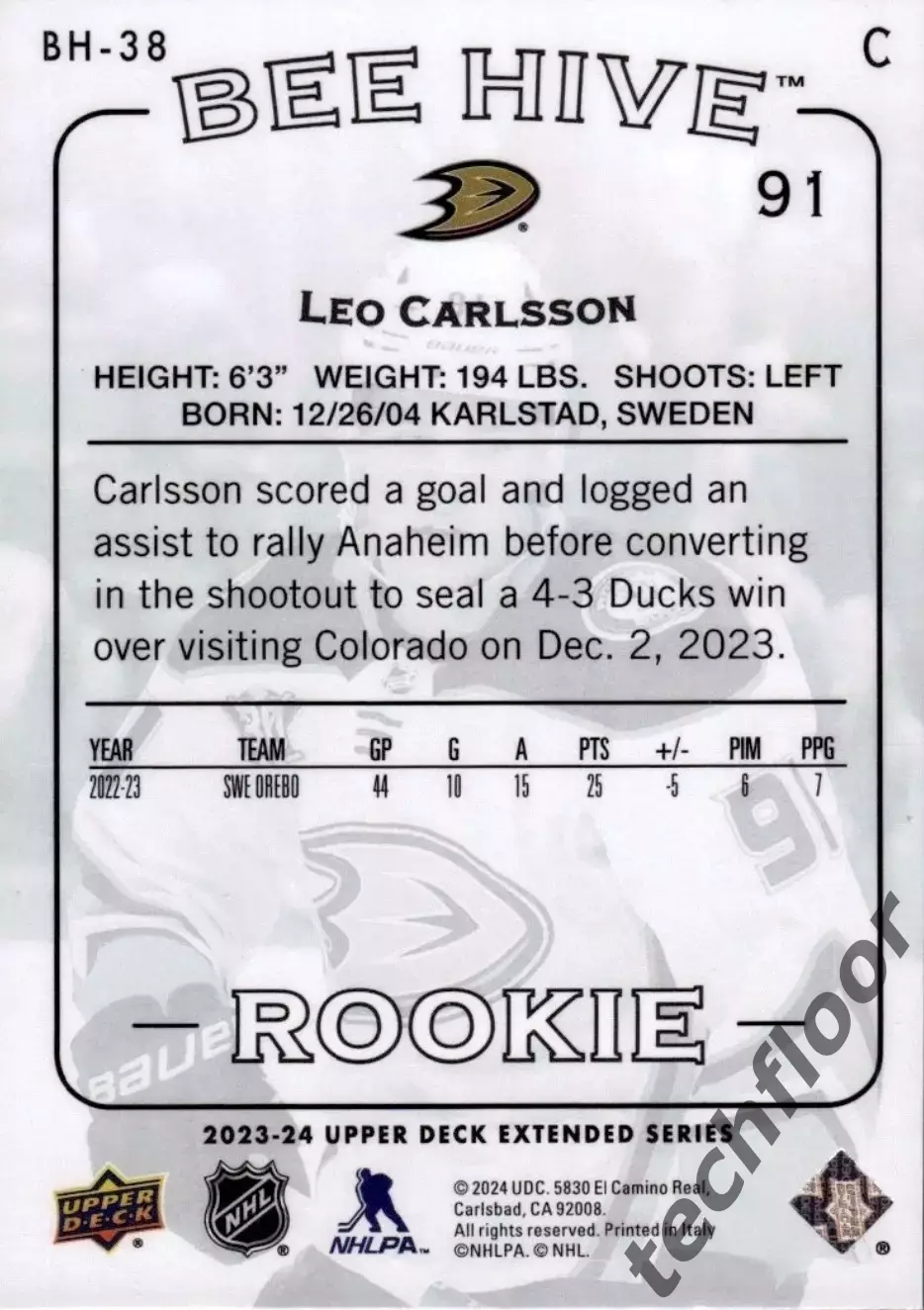 Карточка NHL Leo Carlsson Anaheim Ducks / Лео Карлссон Анахайм НХЛ 1