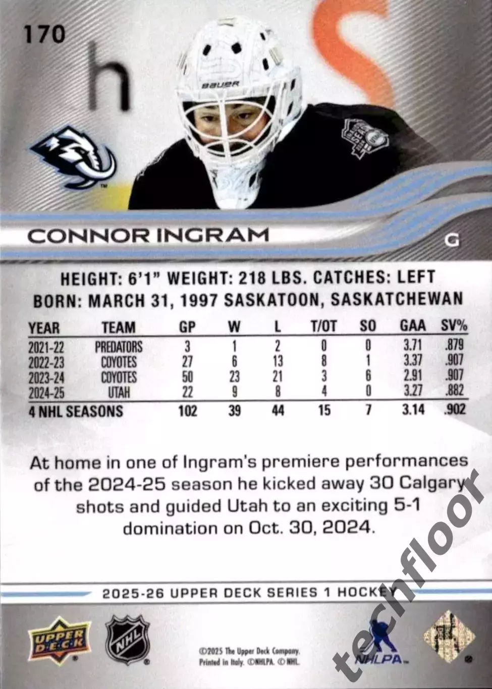 Карточка NHL Connor Ingram Utah Mammoth/Коннор Ингрэм Юта НХЛ 1
