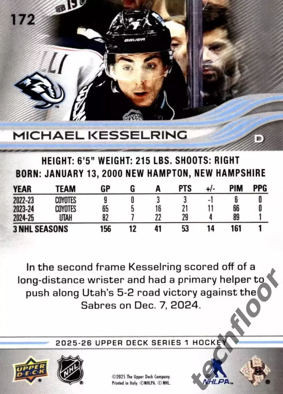 Карточка NHL Michael Kesserling Utah Mammoth/Майкл Кесселринг Юта НХЛ 1