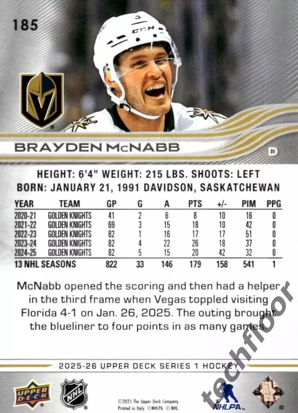 Карточка NHL Brayden McNabb Vegas Golden Knights/Брэйден Макнэбб Вегас НХЛ 1