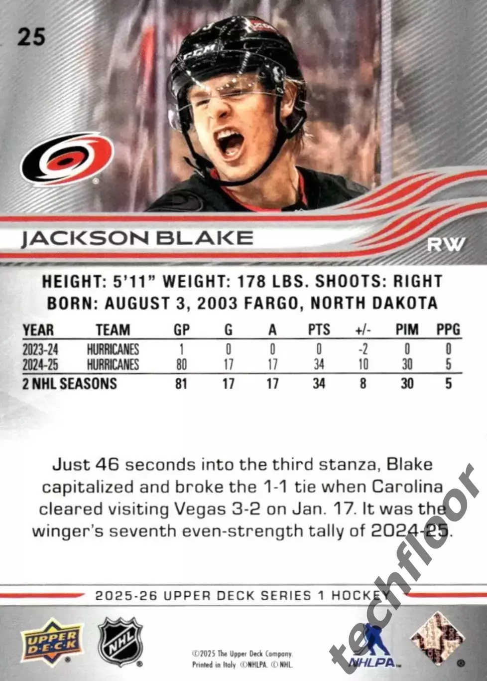 Карточка NHL Jackson Blake Carolina Hurricanes/Джексон Блэйк Каролина НХЛ 1