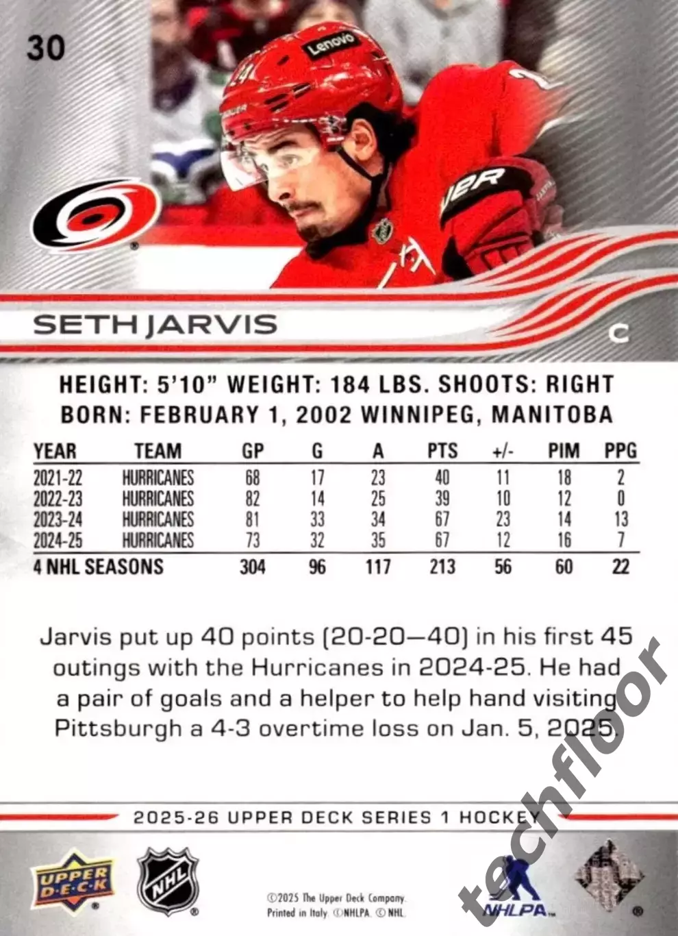 Карточка NHL Seth Jarvis Carolina Hurricanes/Сет Джарвис Каролина НХЛ 1