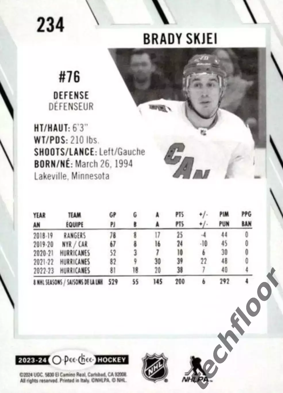 Карточка NHL Brady Skjei Carolina Hurricanes/Брэди Шей Каролина НХЛ 1