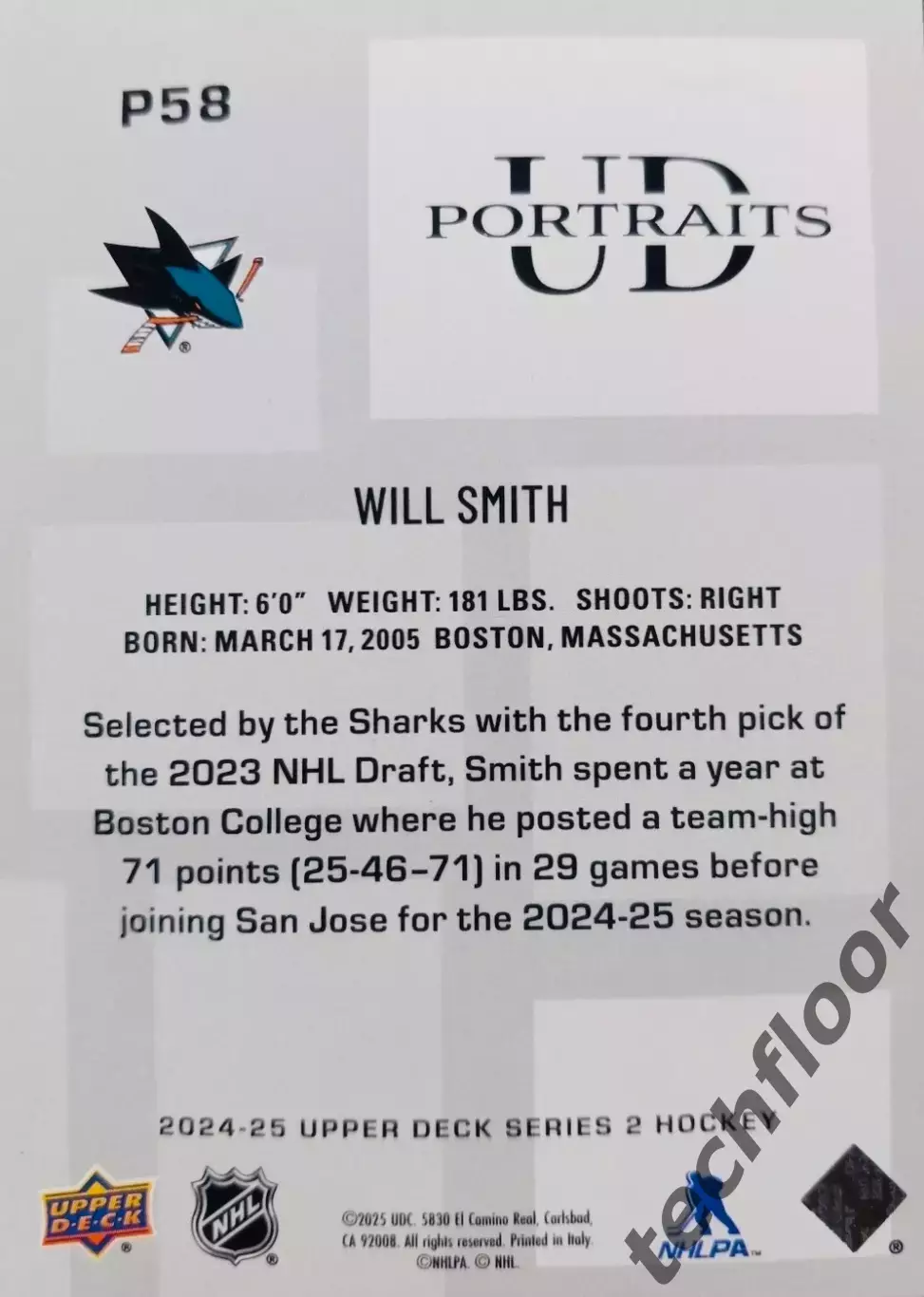Карточка NHL Will Smith San Jose Sharks/ Уилл Смит Сан-Хосе Шаркс НХЛ 1