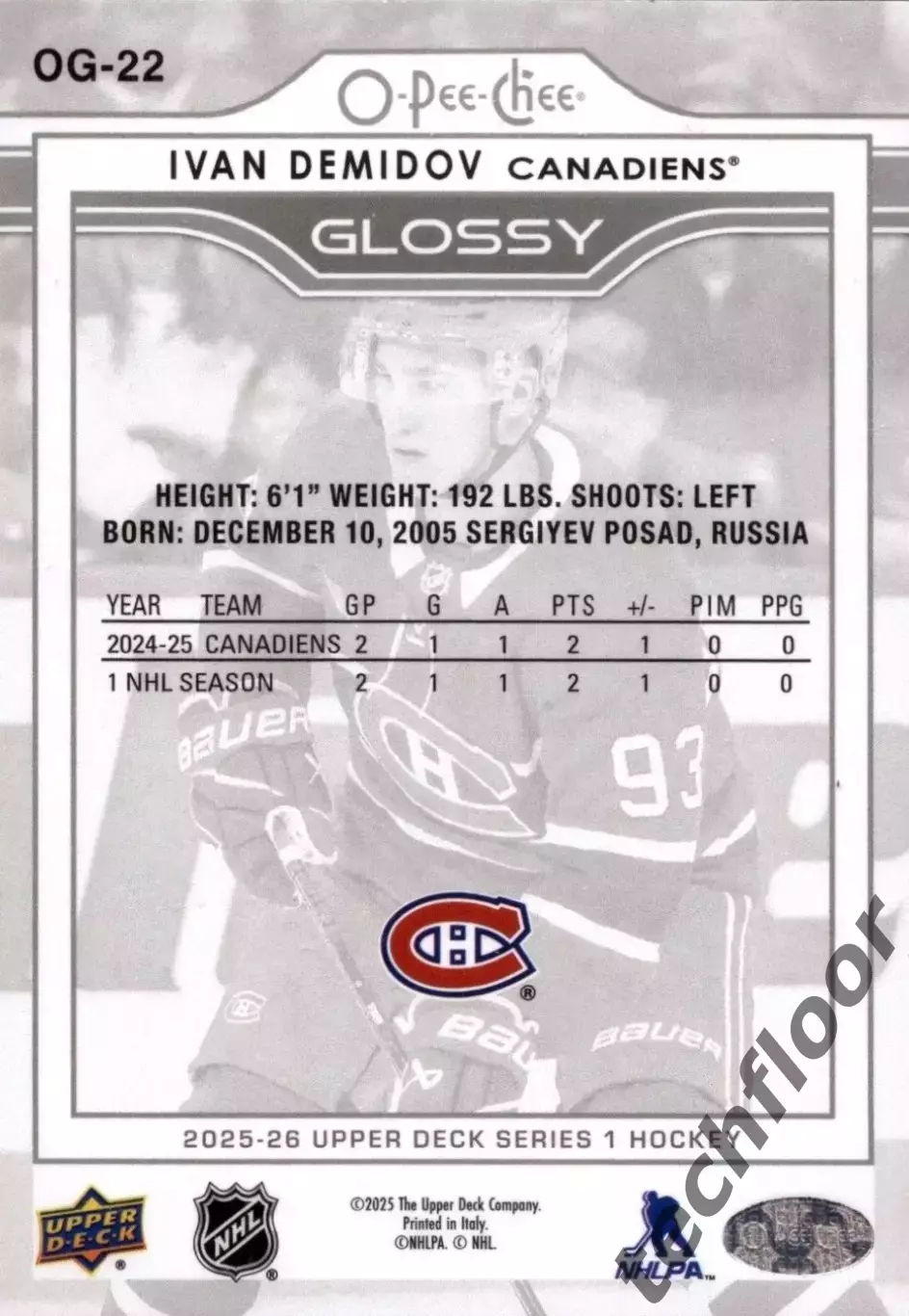 Карточка NHL Ivan Demidov Montreal Canadiens/Иван Демидов Монреаль НХЛ 1