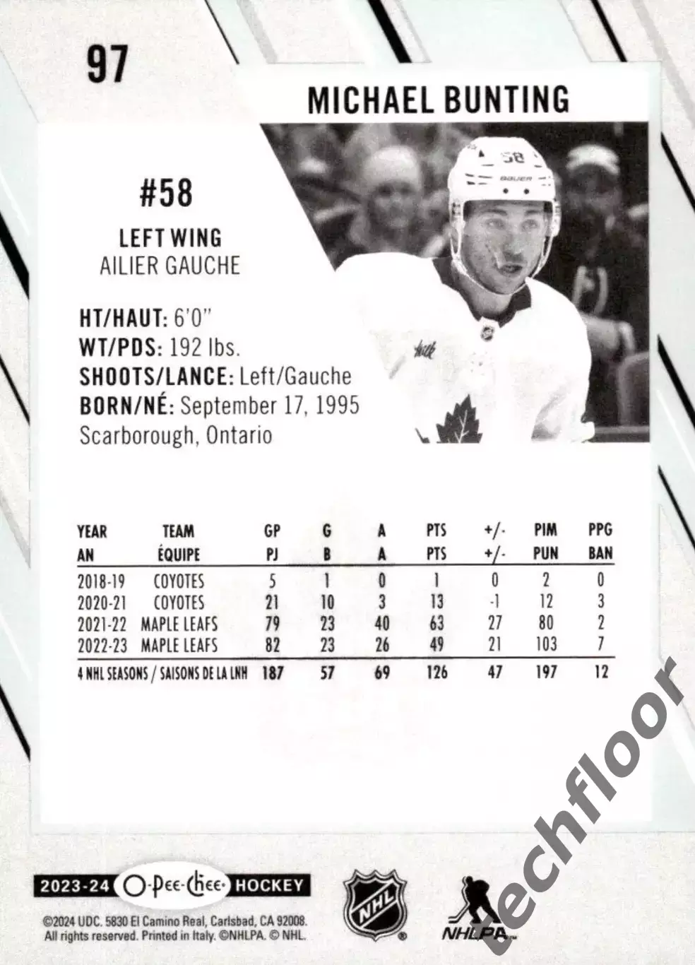 Карточка NHL Michael Bunting Toronto Maple Leafs/ Майкл Бантинг Торонто НХЛ 1