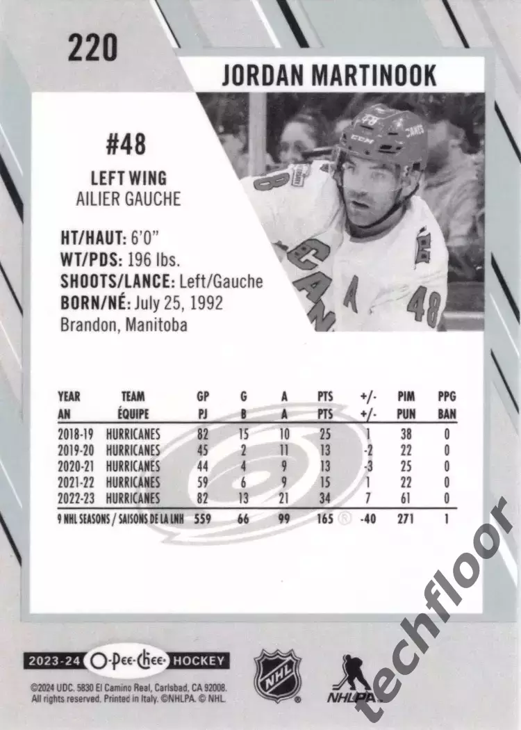 Карточка NHL Jordan Martinook Carolina Hurricanes/Джордан Мартинук Каролина НХЛ 1