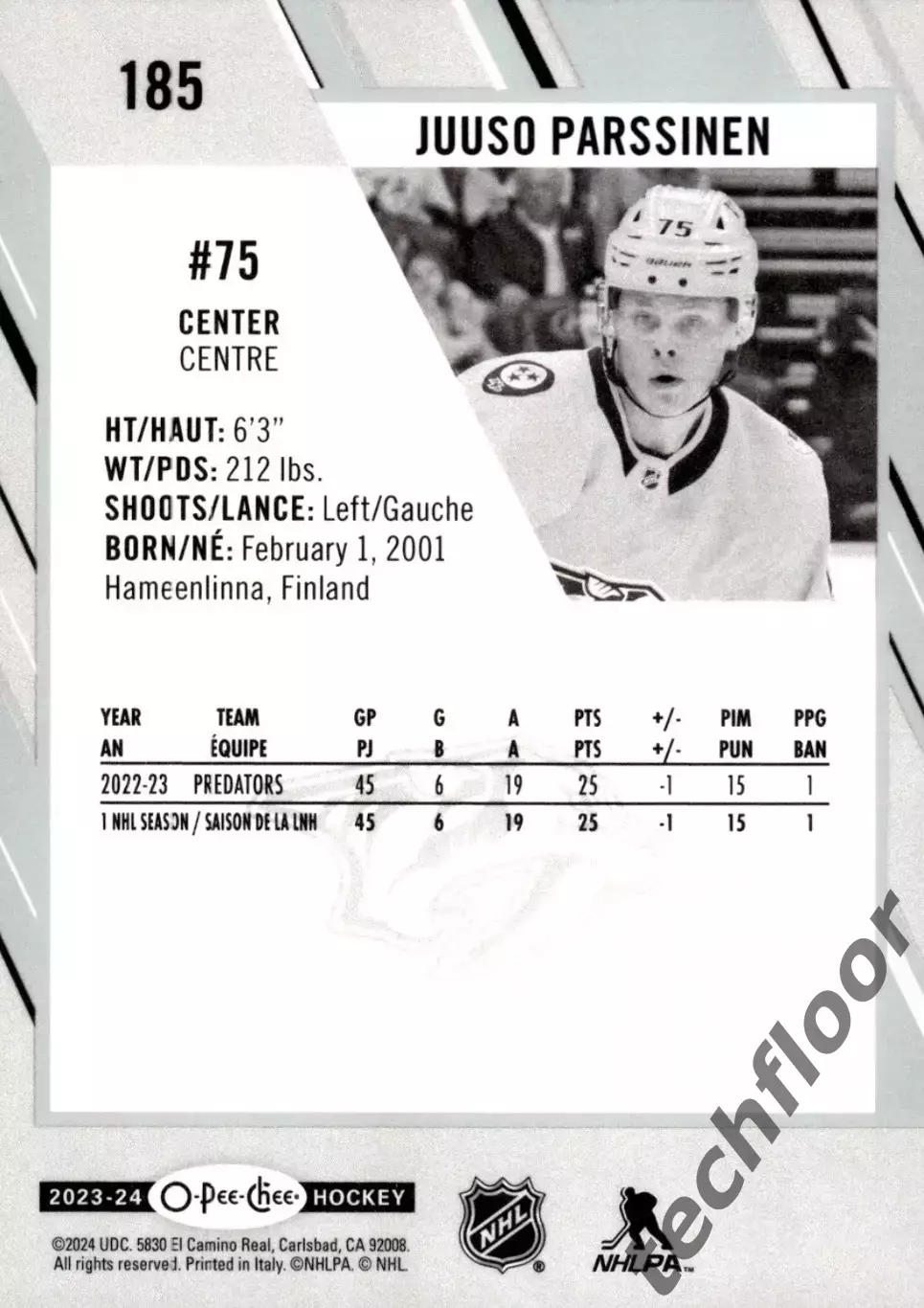 Карточка NHL Juuso Parssinen Nashville Predators/Юусо Пярссинен Нэшвилл НХЛ 1