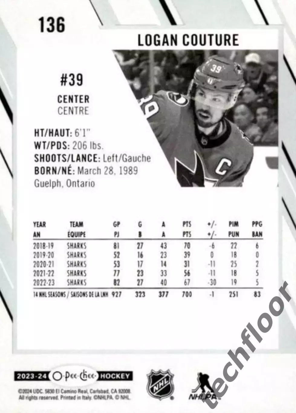 Карточка NHL Logan Couture San Jose Sharks/ Логан Кутюр Сан-Хосе НХЛ 1