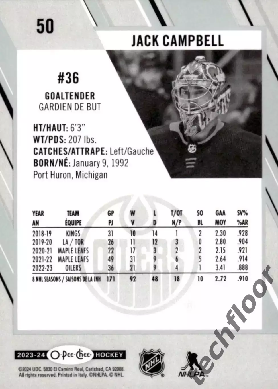 Карточка NHL Jack Campbell Edmonton Oilers/Джек Кэмпбелл Эдмонтон НХЛ 1