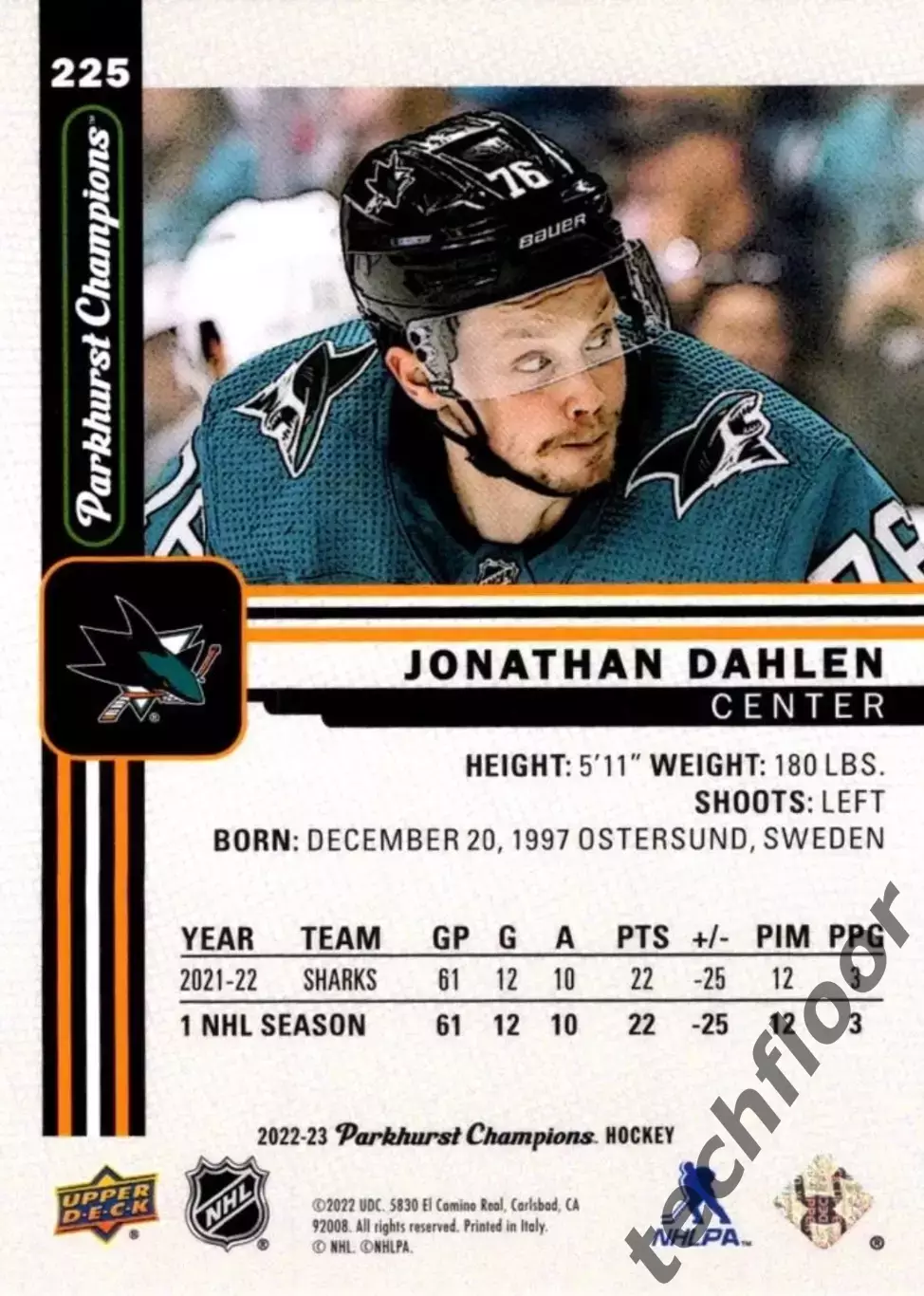 Карточка NHL Jonathan Dahlen San Jose Sharks/Джонатан Дален Сан-Хосе НХЛ 1