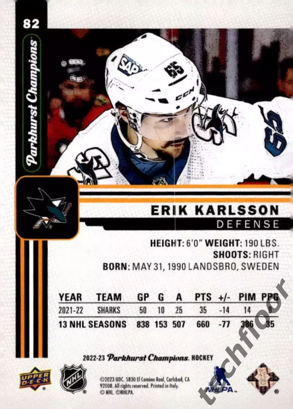 Карточка NHL Erik Karlsson San Jose Sharks / Эрик Карлссон Сан-Хосе НХЛ 1