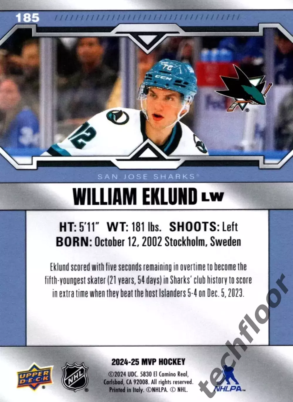 Карточка NHL William Eklund San Jose Sharks/ Виллиам Эклунд Сан-Хосе НХЛ 1