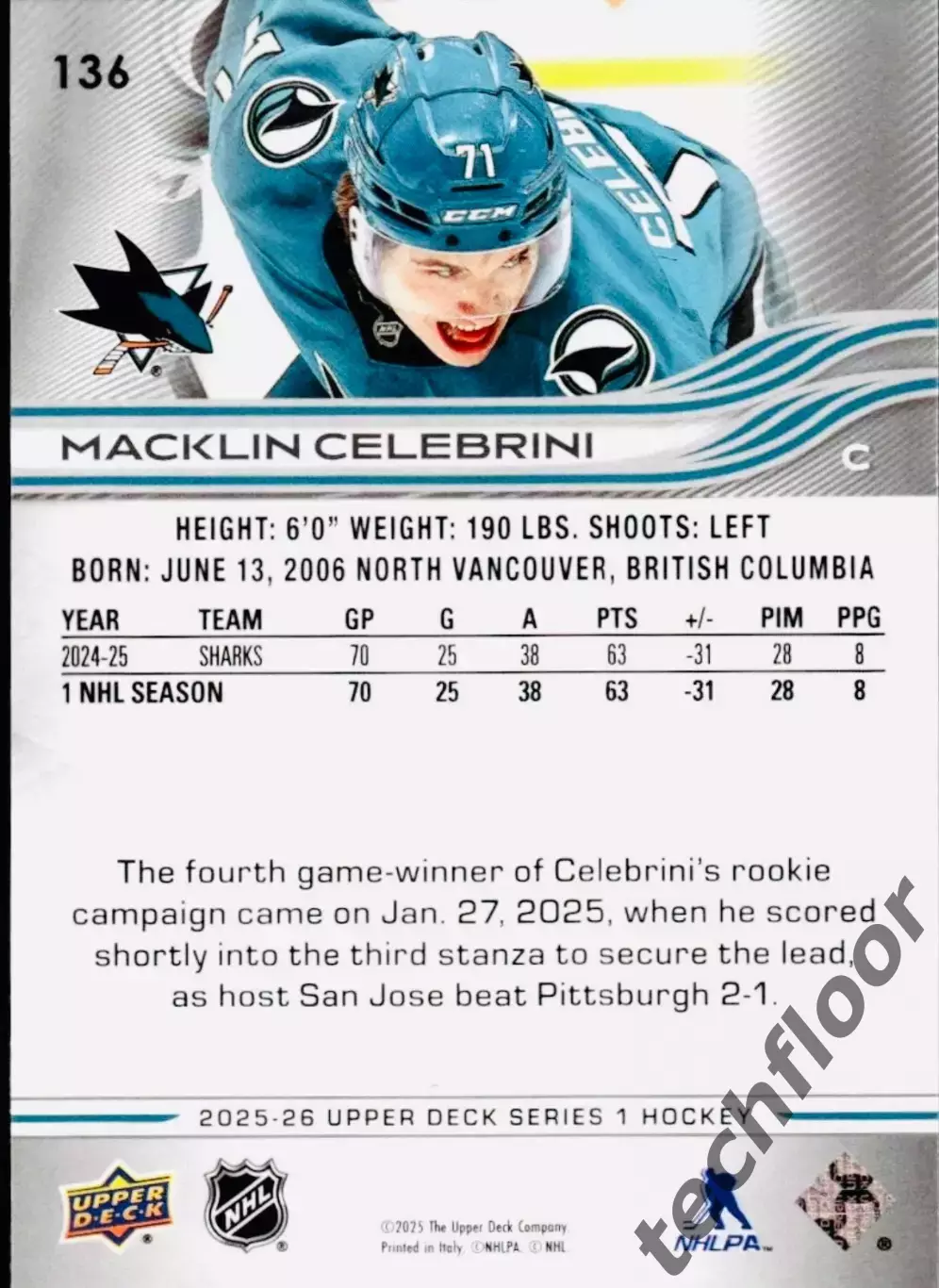 Карточка NHL Macklin Celebrini San Jose Sharks/ Маклин Селебрини Сан-Хосе НХЛ 1