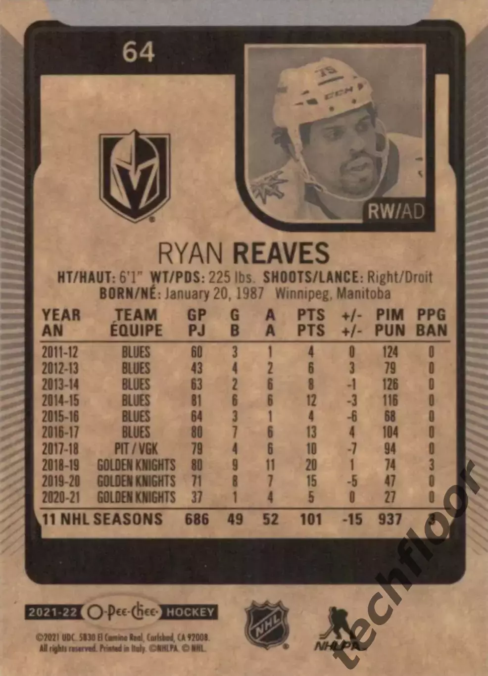 Карточка NHL Ryan Reaves Vegas Golden Knights/Райан Ривз Вегас НХЛ 1