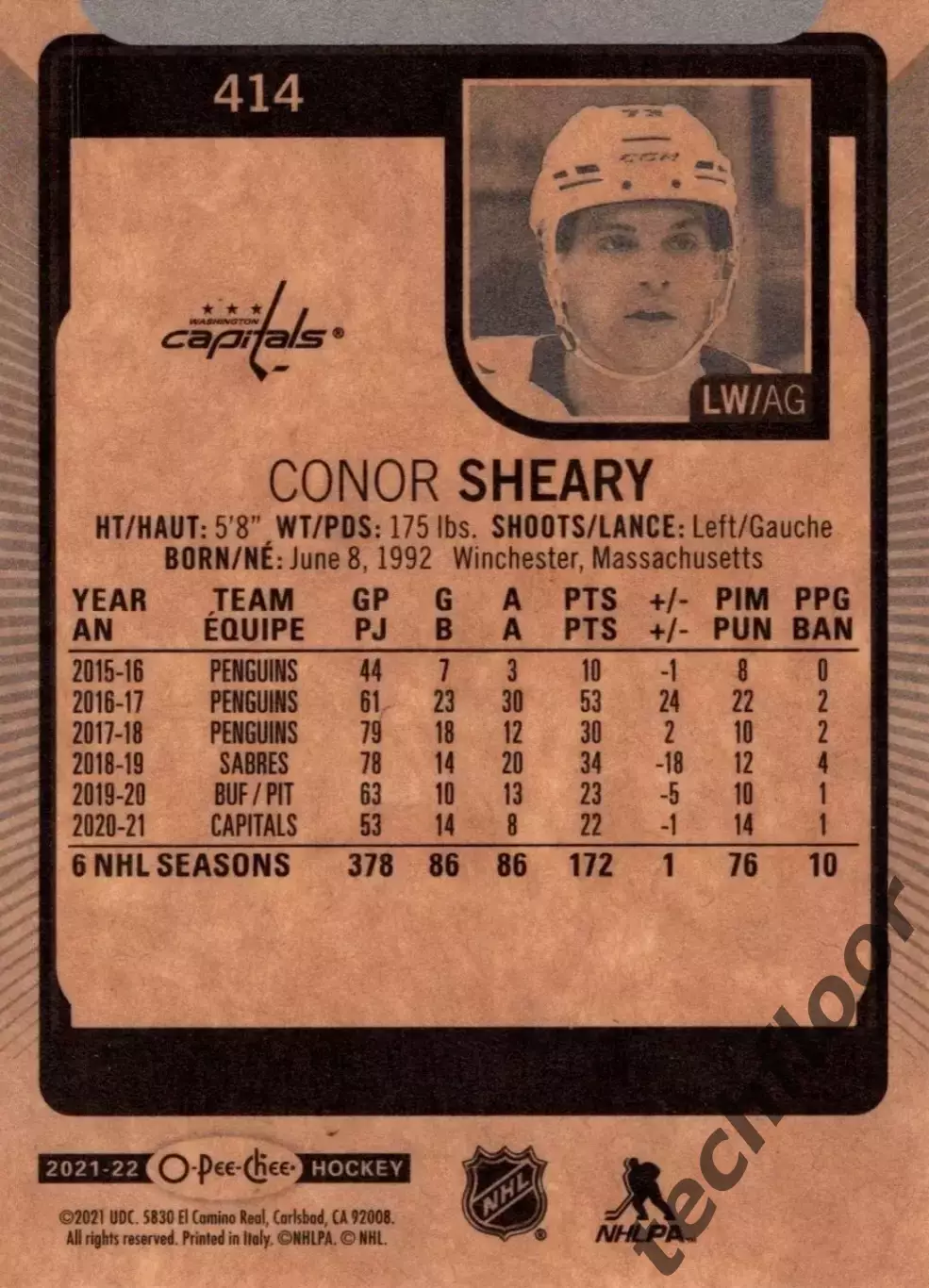 Карточка NHL Conor Sheary Washington Capitals/ Конор Шири Вашингтон НХЛ 1