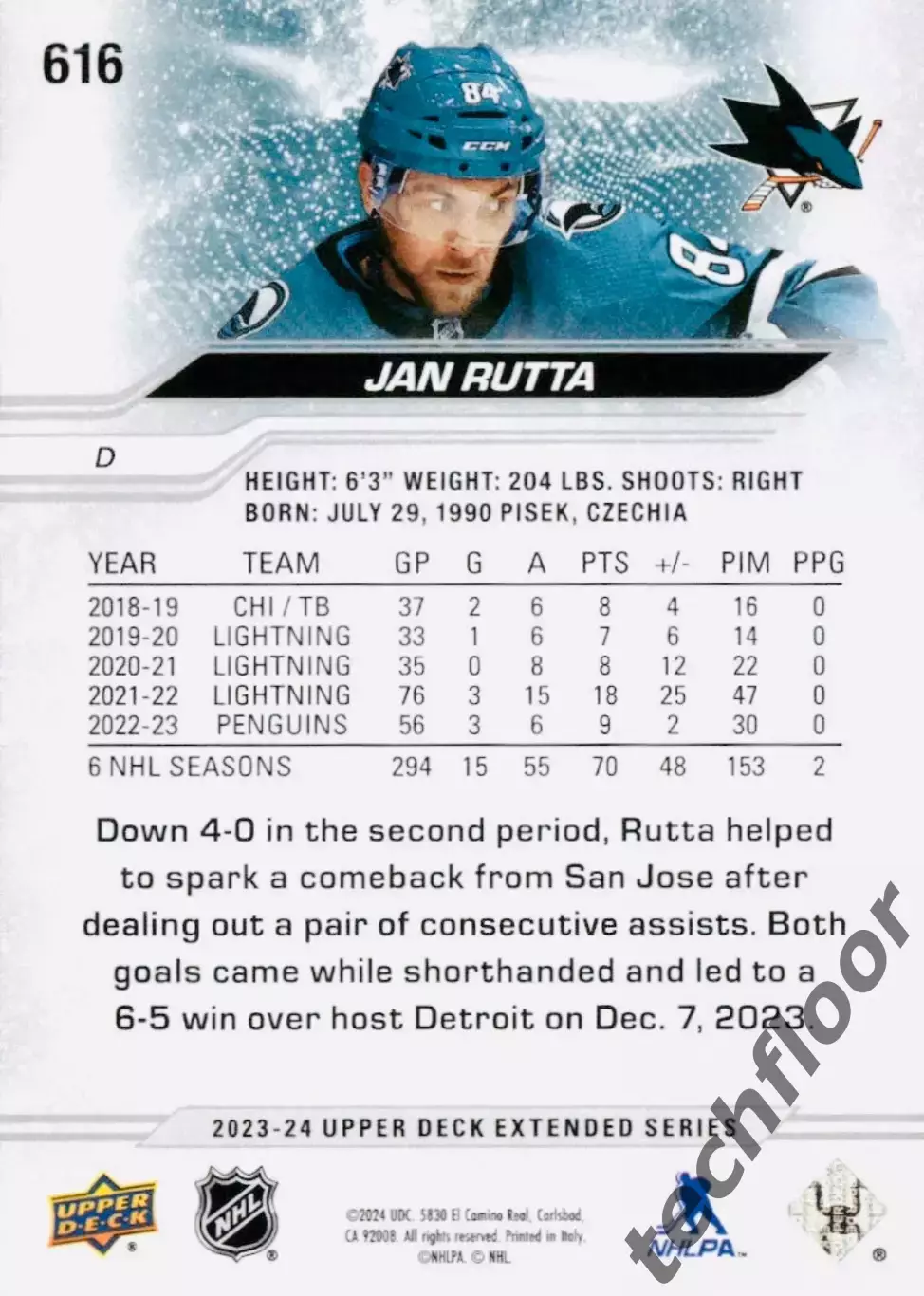 Карточка NHL Jan Rutta San Jose Sharks/ Ян Рутта Сан-Хосе НХЛ 1