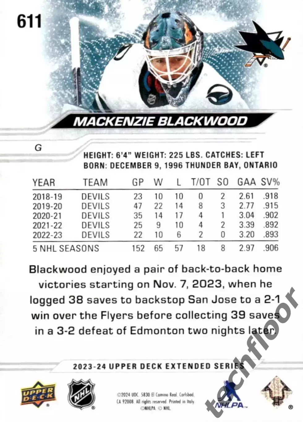 Карточка NHL MacKenzie Blackwood San Jose Sharks/ Маккензи Блэквуд Сан-Хосе НХЛ 1