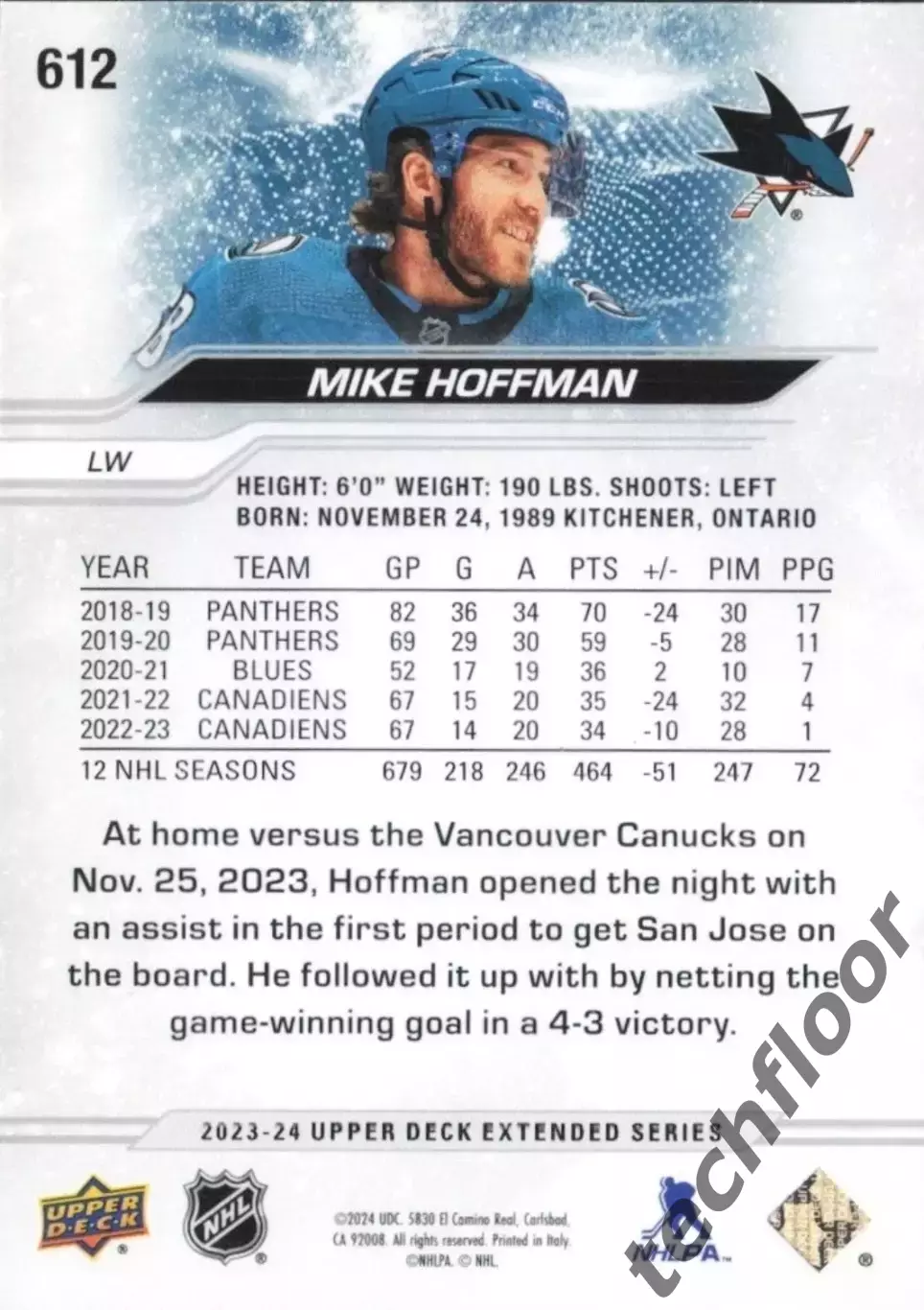 Карточка NHL Mike Hoffman San Jose Sharks/Майк Хоффман Сан-Хосе НХЛ 1