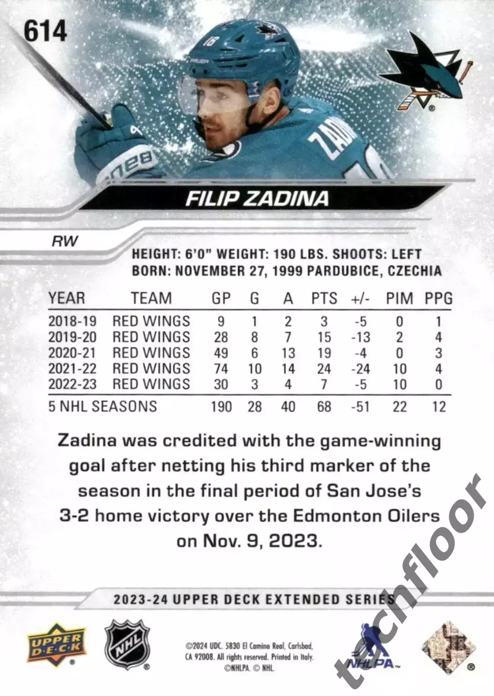 Карточка NHL Filip Zadina San Jose Sharks/Филип Задина Сан-Хосе НХЛ 1