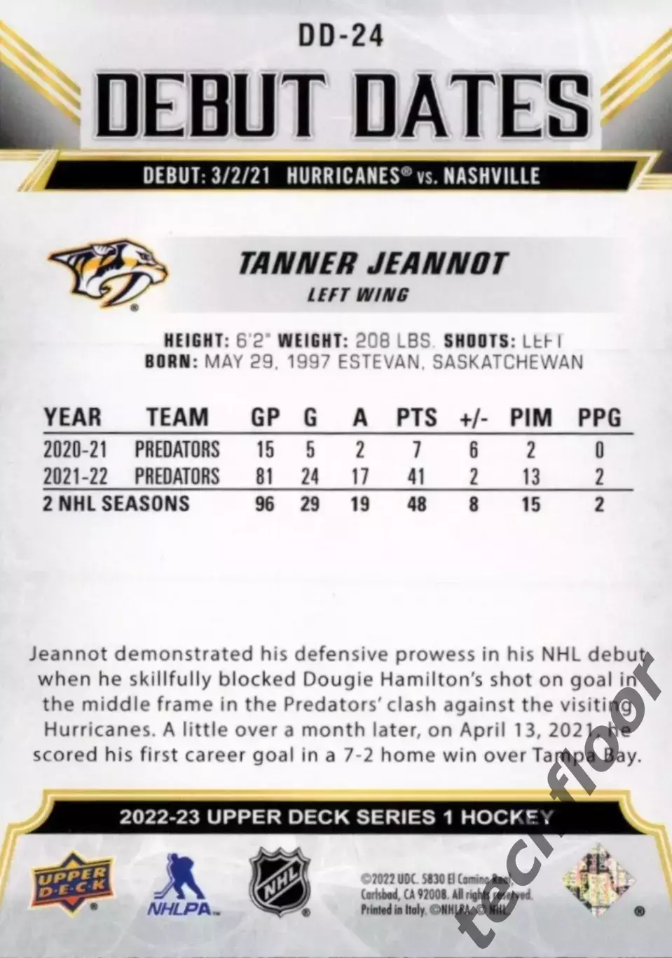 Карточка NHL Tanner Jeannot Nashville Predators/Таннер Жанно Нэшвилл НХЛ 1