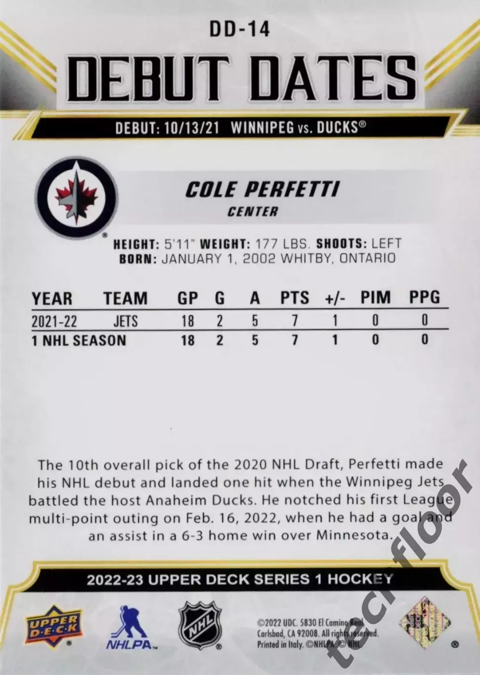 Карточка NHL Cole Perfetti Winnipeg Jets/ Коул Перфетти Виннипег НХЛ 1