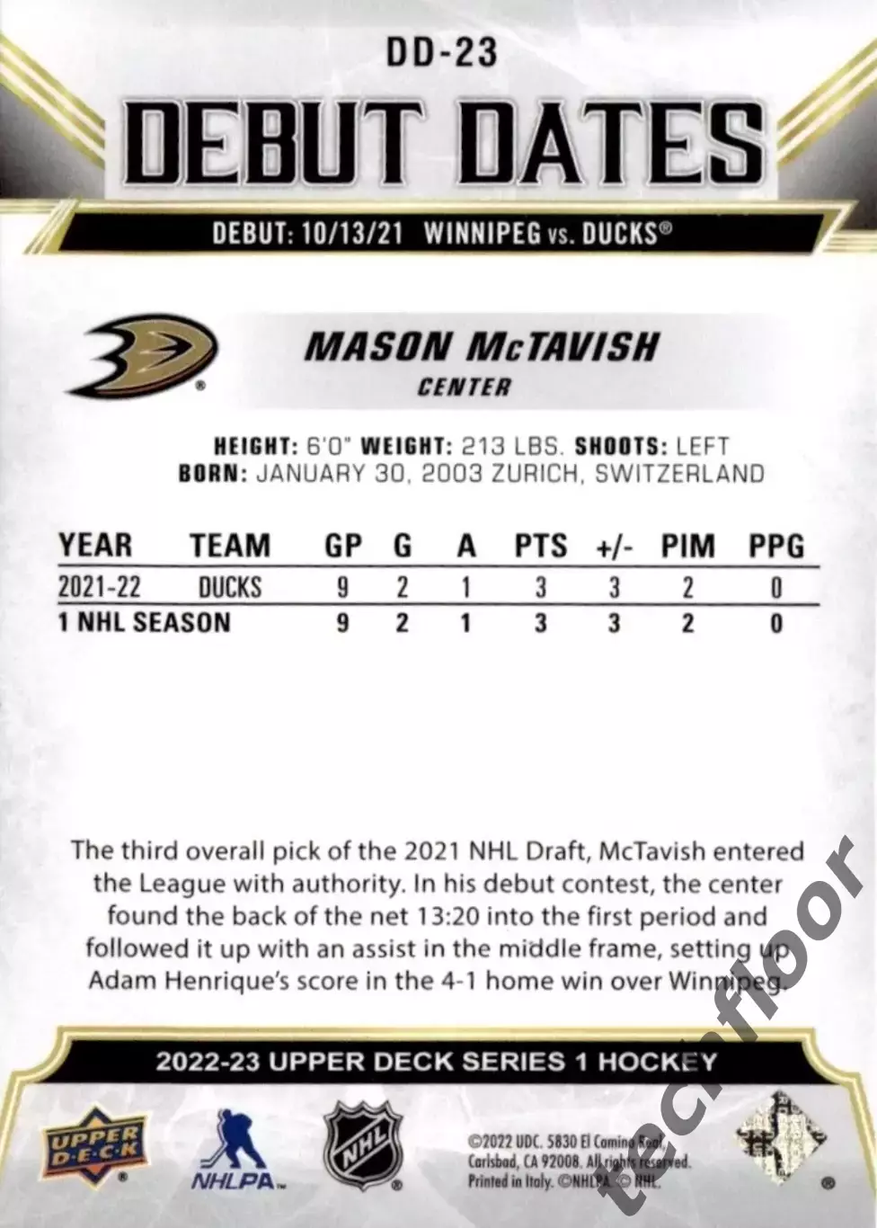 Карточка NHL Mason McTavish Anaheim Ducks/ Мейсон Мактавиш Анахайм НХЛ 1