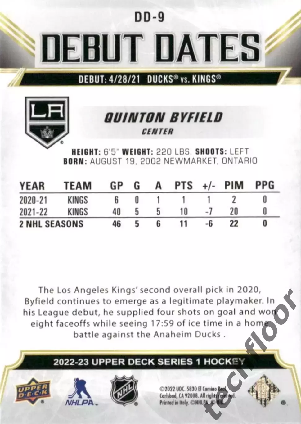 Карточка NHL Quinton Byfield LA Kings / Куинтон Байфилд Лос-Анджелес НХЛ 1