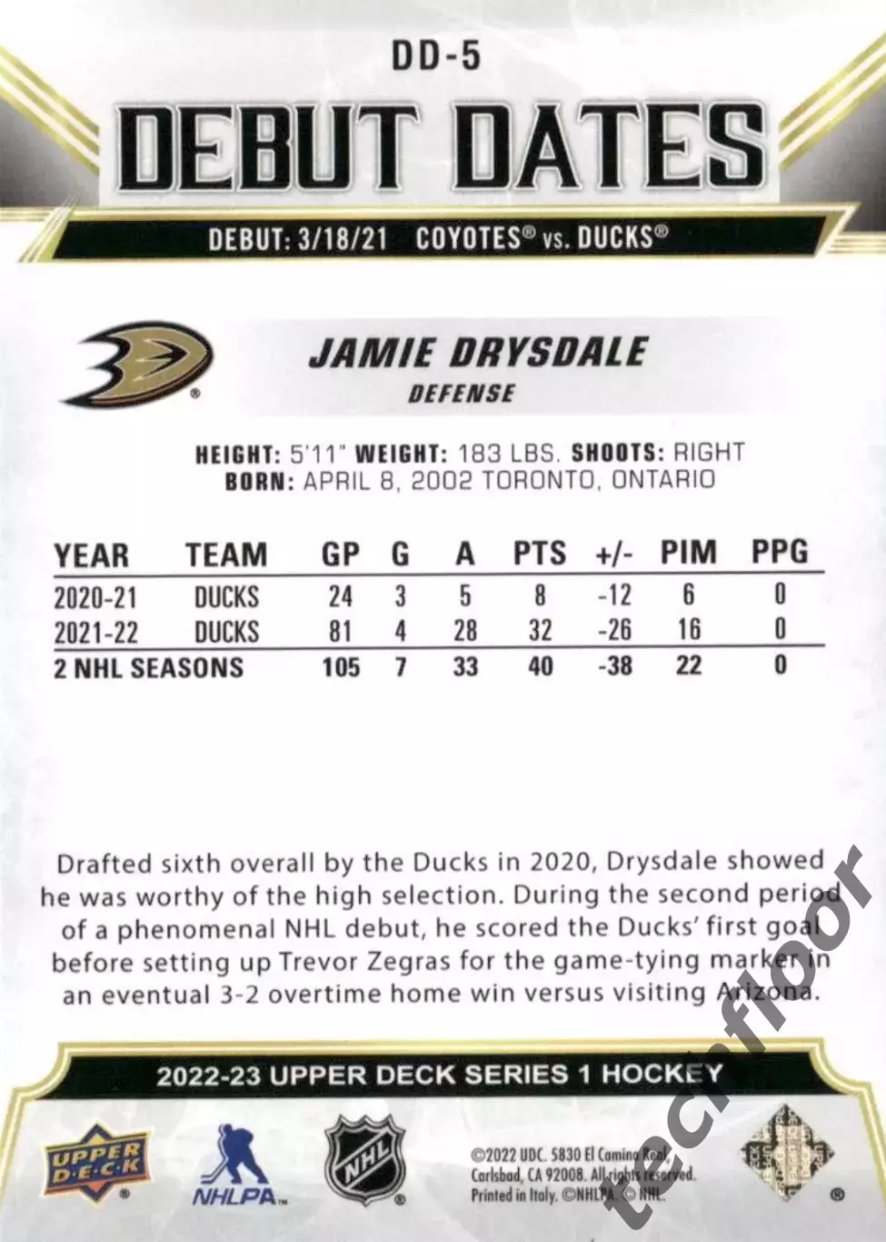 Карточка NHL Jamie Drysdale Anaheim Ducks/ Джейми Драйсдейл Анахайм НХЛ 1