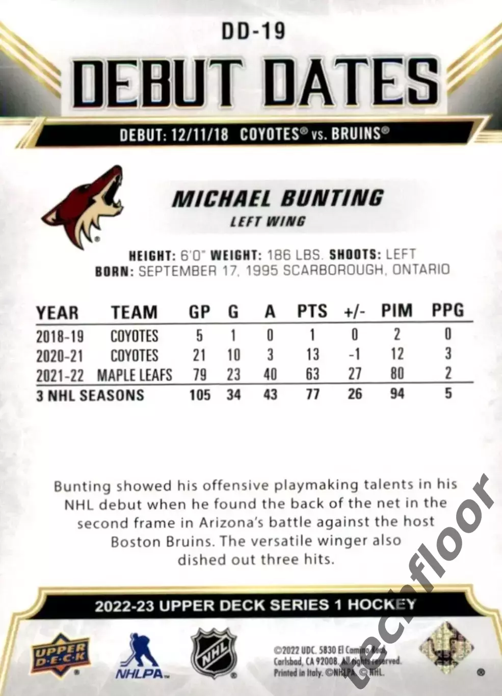 Карточка NHL Michael Bunting Arizona Coyotes/Майкл Бантинг Аризона НХЛ 1