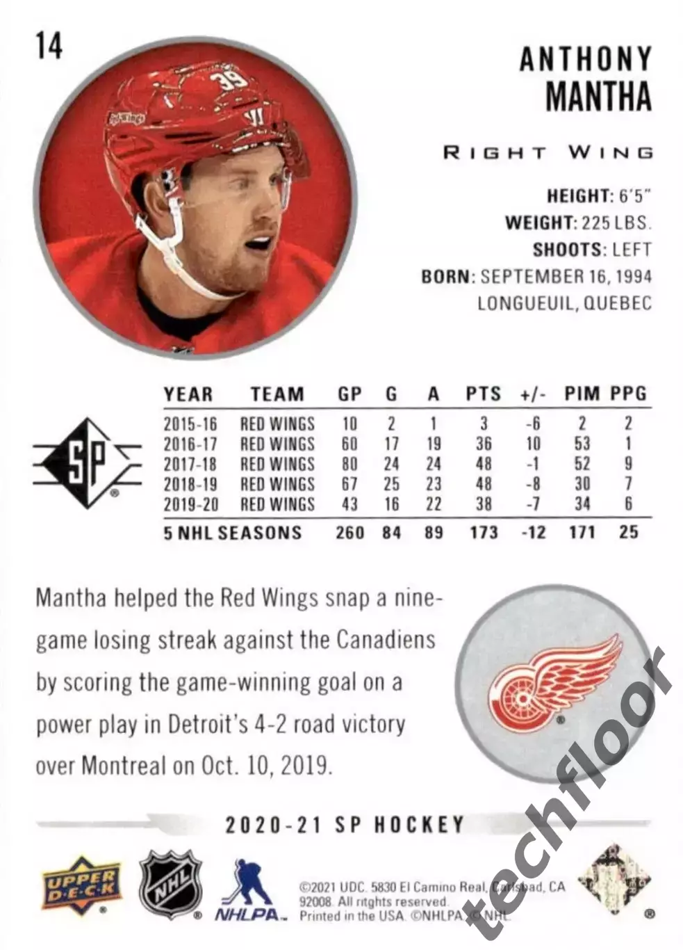 Карточка NHL Anthony Mantha Detroit Red Wings/Энтони Манта Детройт НХЛ 1