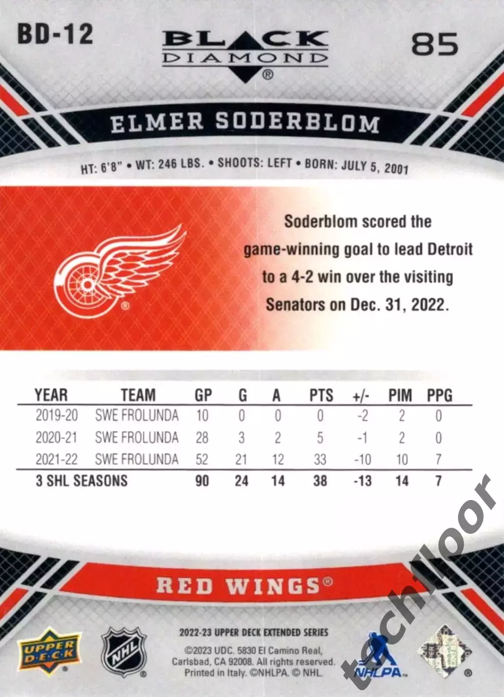 Карточка NHL Elmer Soderblom Detroit Red Wings/ Элмер Сёдерблум Детройт НХЛ 1