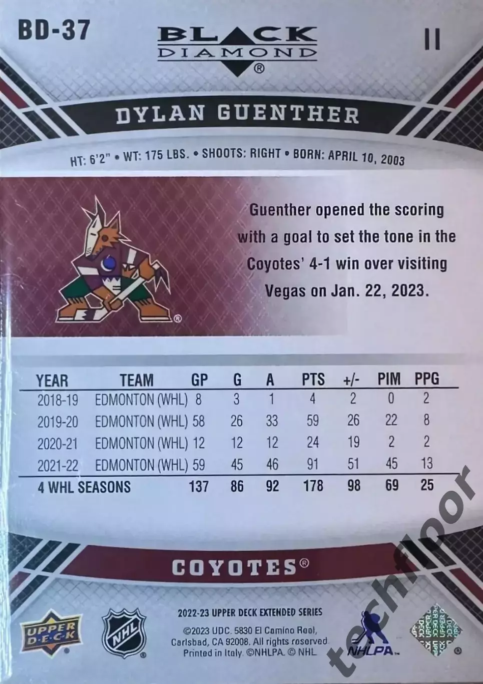Карточка NHL Dylan Guenther Arizona Coyotes /Дилан Гюнтер Аризона НХЛ 1